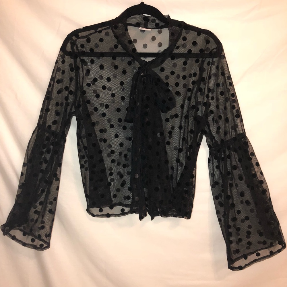 Black mesh polka dot long sleeve button down
